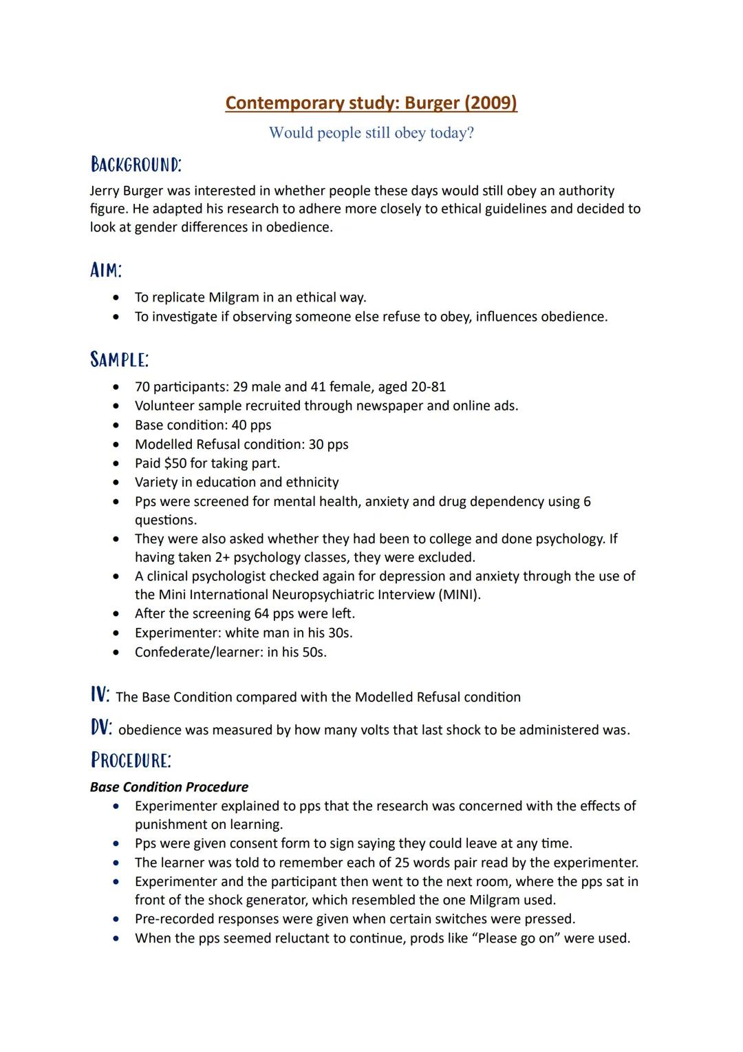 BACKGROUND:
Jerry Burger was interested in whether people these days would still obey an authority
figure. He adapted his research to adhere