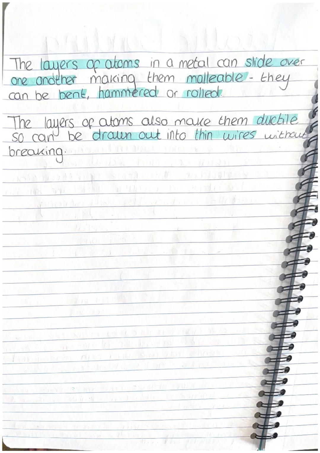 U
Metallic Bonding
Involves delocalised electrons (free to move
around in the outer shell.
Consist of a giant structure.
Strong forces of el