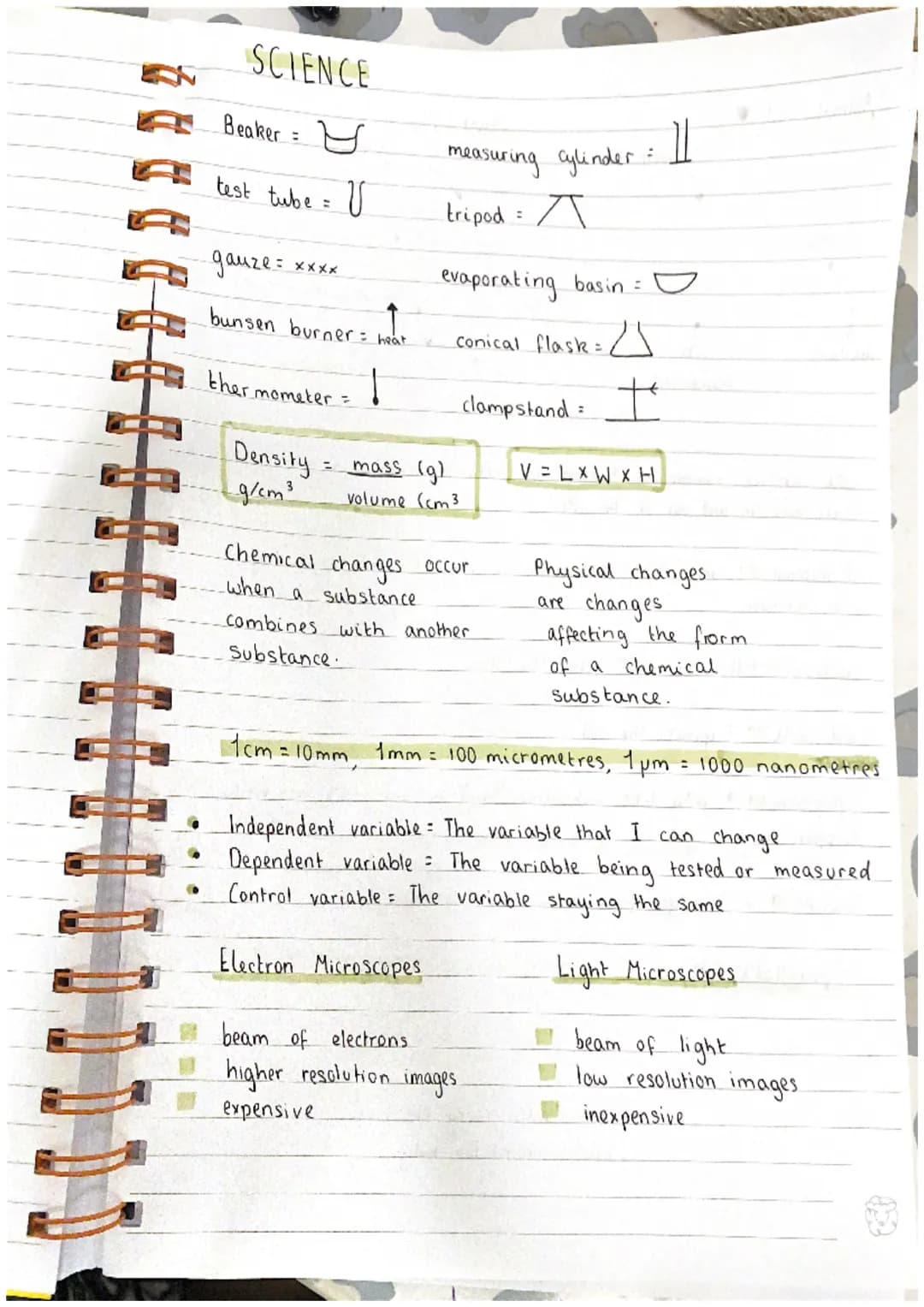 SCIENCE
Beaker U
test tube = V
:
gauze=
bunsen burner = hear
1.
xxxx
thermometer =
Density
g/cm ³
=
measuring cylinder.
tripod =
A
Conical f