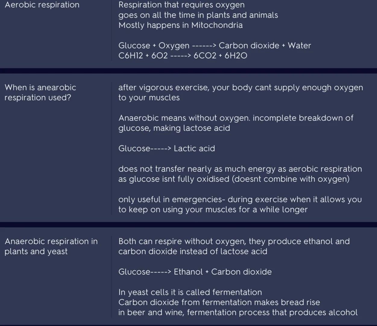 Aerobic respiration
When is anearobic
respiration used?
Anaerobic respiration in
plants and yeast
Respiration that requires oxygen
goes on a