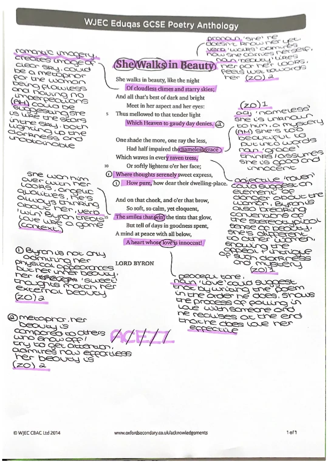 WJEC Eduqas GCSE Poetry Anthology
romantic imagery,
creates image of
Clear sky, could
be a metaphor
for the woman
being flawless
and having 
