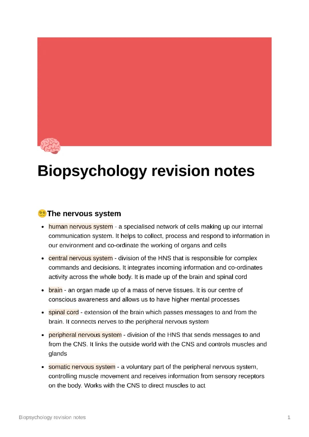 Free Revision Notes for Human Nervous System Biopsychology PDF Download