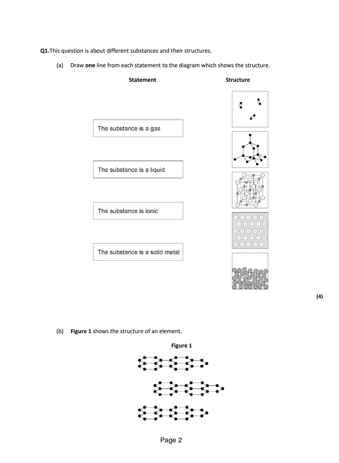 Q1.This question is about different substances and their structures.
(a) Draw one line from each statement to the diagram which shows the st