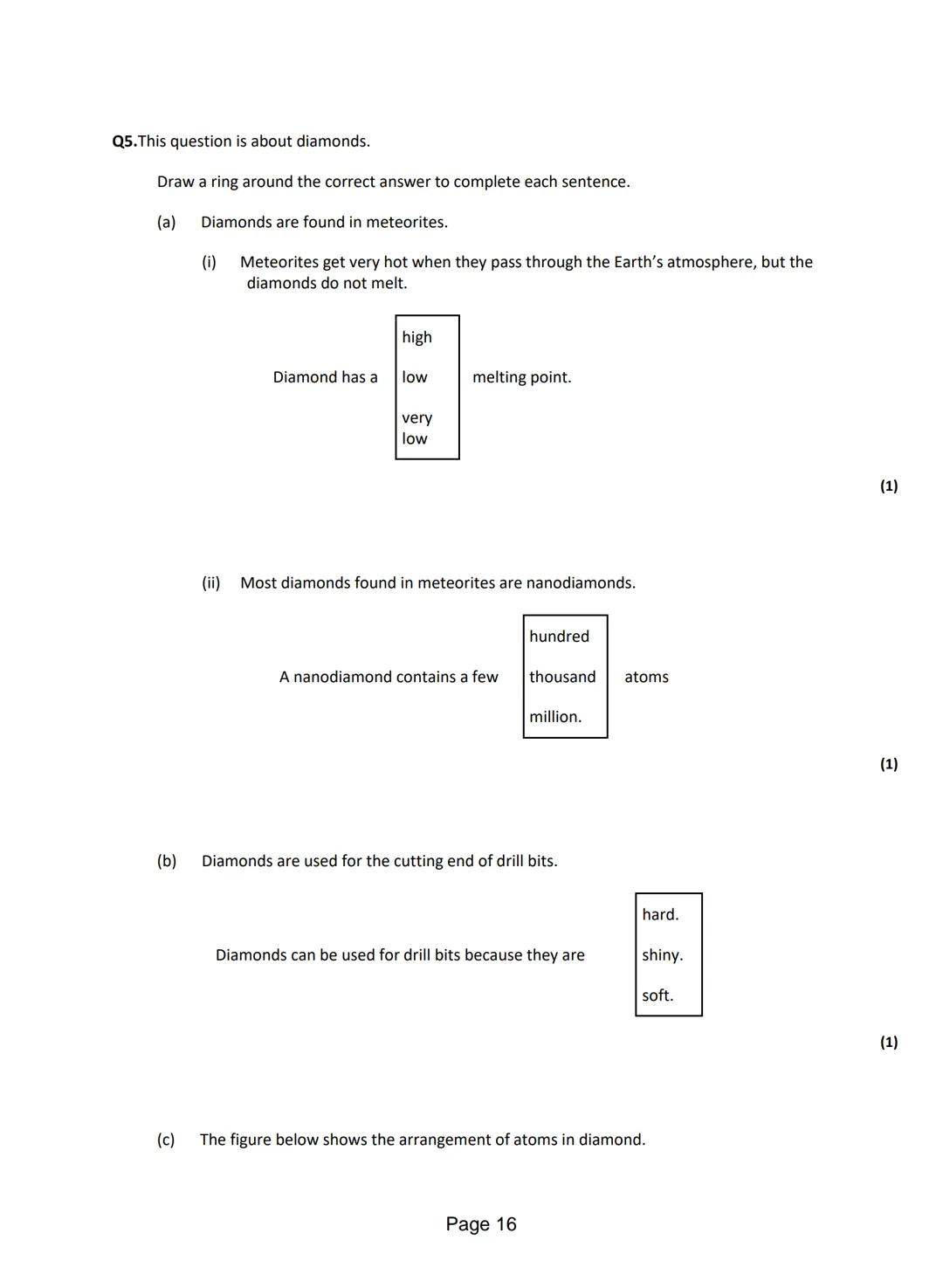 Q1.This question is about different substances and their structures.
(a) Draw one line from each statement to the diagram which shows the st