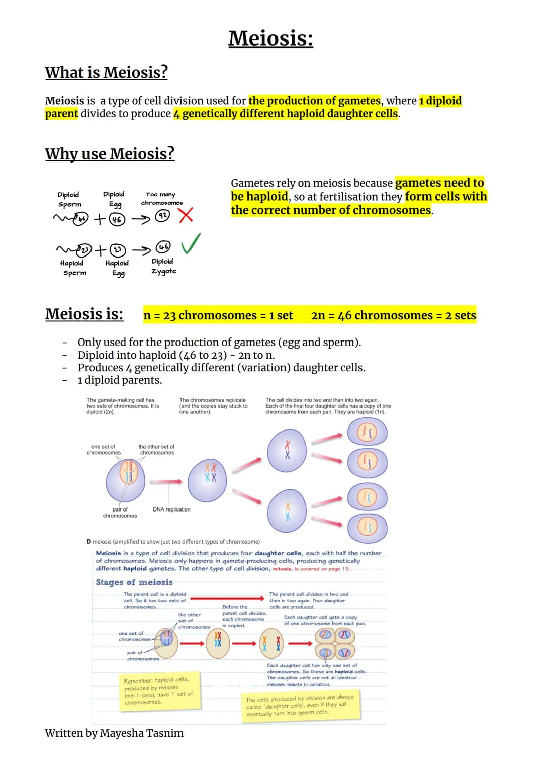What is Meiosis?
Meiosis is a type of cell division used for the production of gametes, where 1 diploid
parent divides to produce 4 genetica
