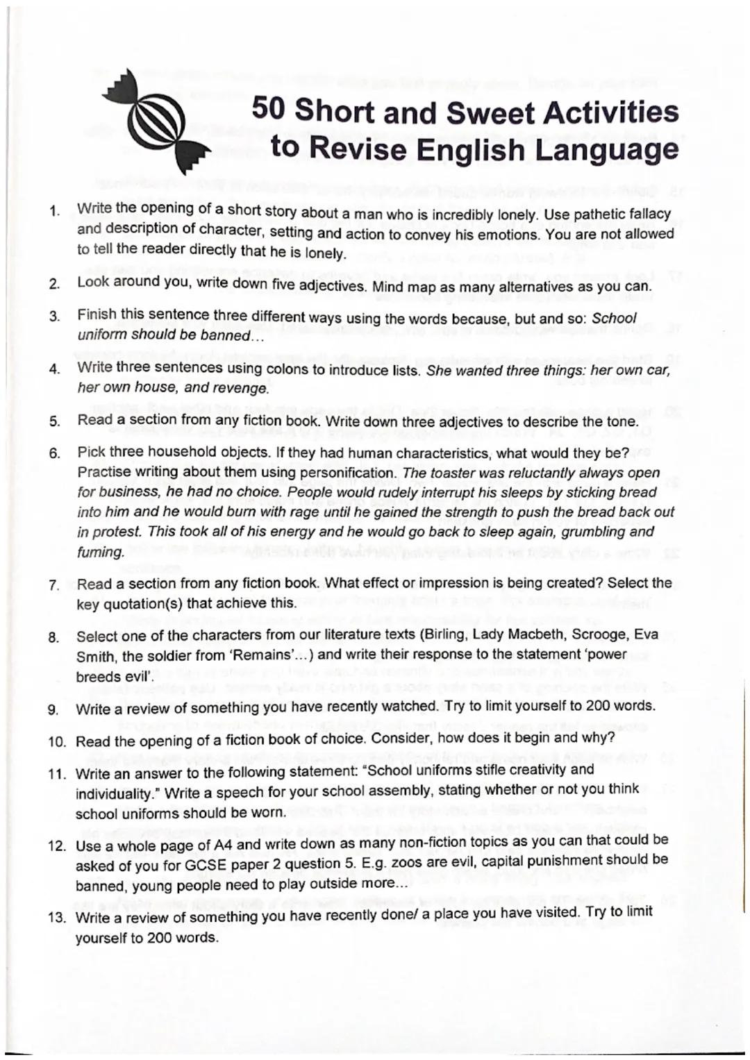 1.
Write the opening of a short story about a man who is incredibly lonely. Use pathetic fallacy
and description of character, setting and a