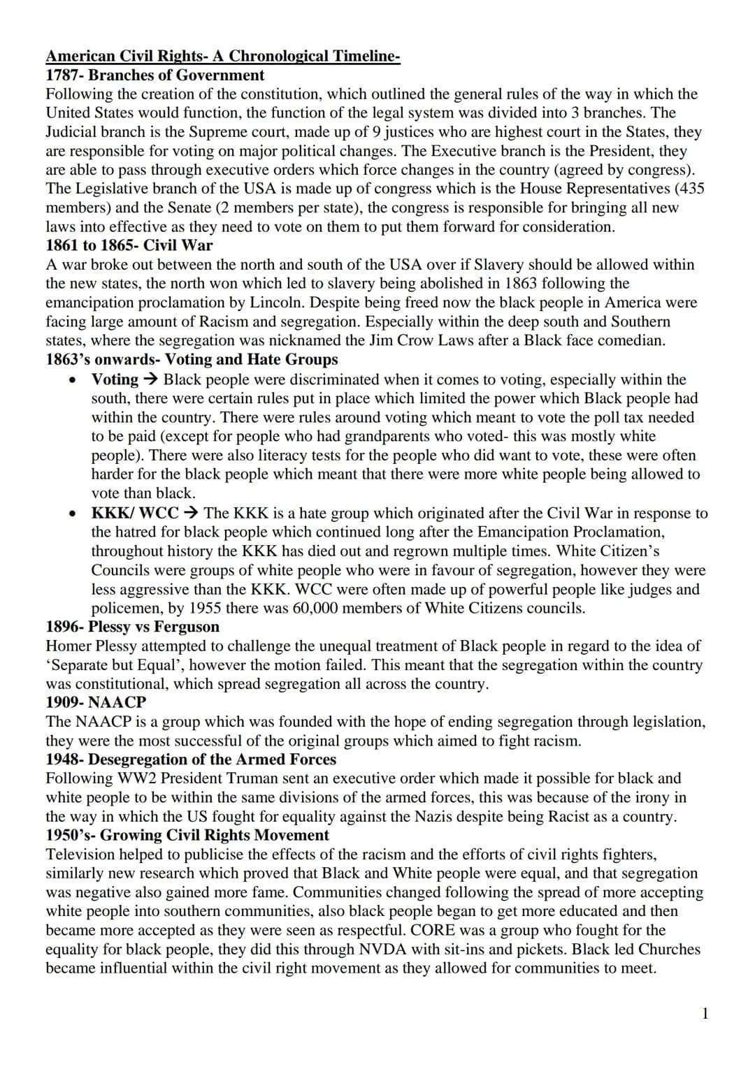 American Civil Rights- A Chronological Timeline-
1787- Branches of Government
Following the creation of the constitution, which outlined the