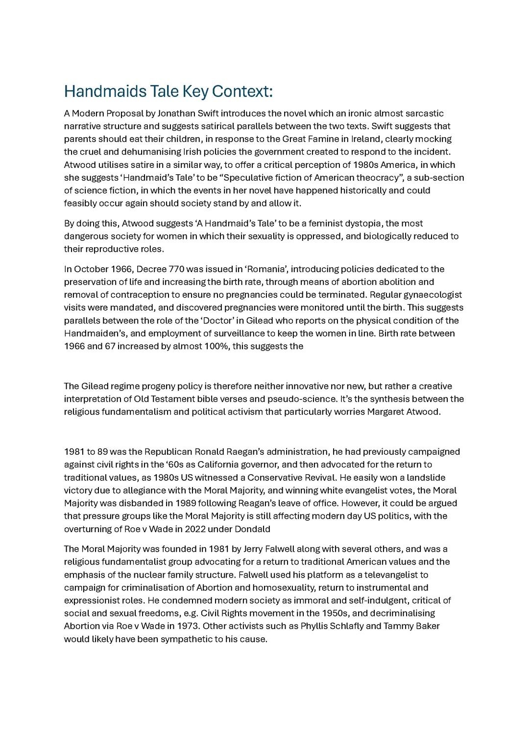 A Handmaid's Tale Key Context