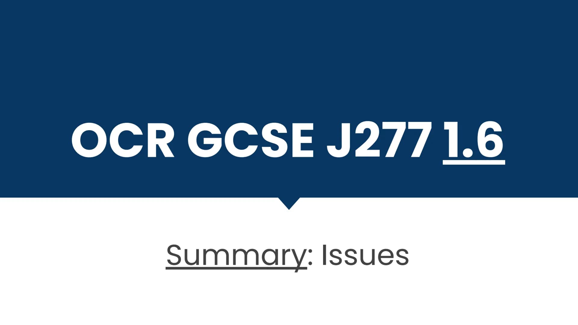 OCR GCSE J277 1.6
Summary: Issues Checklist
1.6
Ethical issues
Legal issues
Privacy issues
Environmental issues
Cultural issues
Laws related