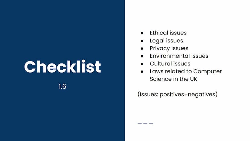 OCR GCSE J277 1.6
Summary: Issues Checklist
1.6
Ethical issues
Legal issues
Privacy issues
Environmental issues
Cultural issues
Laws related