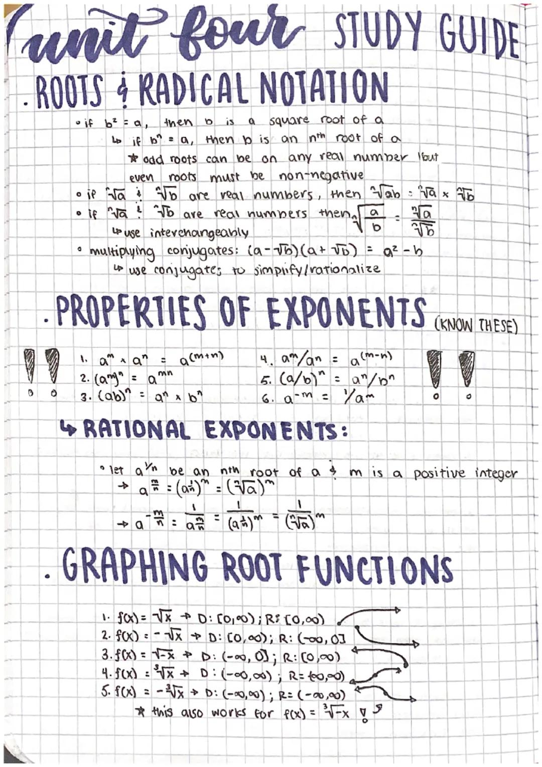 # unit four STUDY GUIDE

# ROOTS & RADICAL NOTATION

*   if b²=a, then b is a square root of a
*   Lo if $b^n = a$, then b is an nth root of