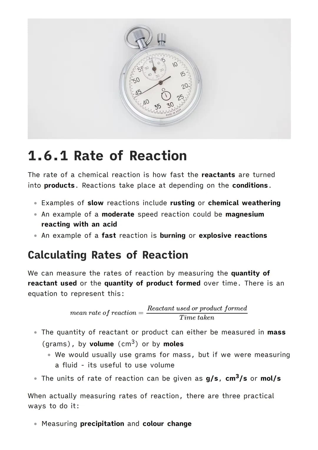 5
●
50
45
●
40
10
mean rate of reaction =
20.
CA
10
15
www
20
MADE IN USSE
1.6.1 Rate of Reaction
The rate of a chemical reaction is how fas