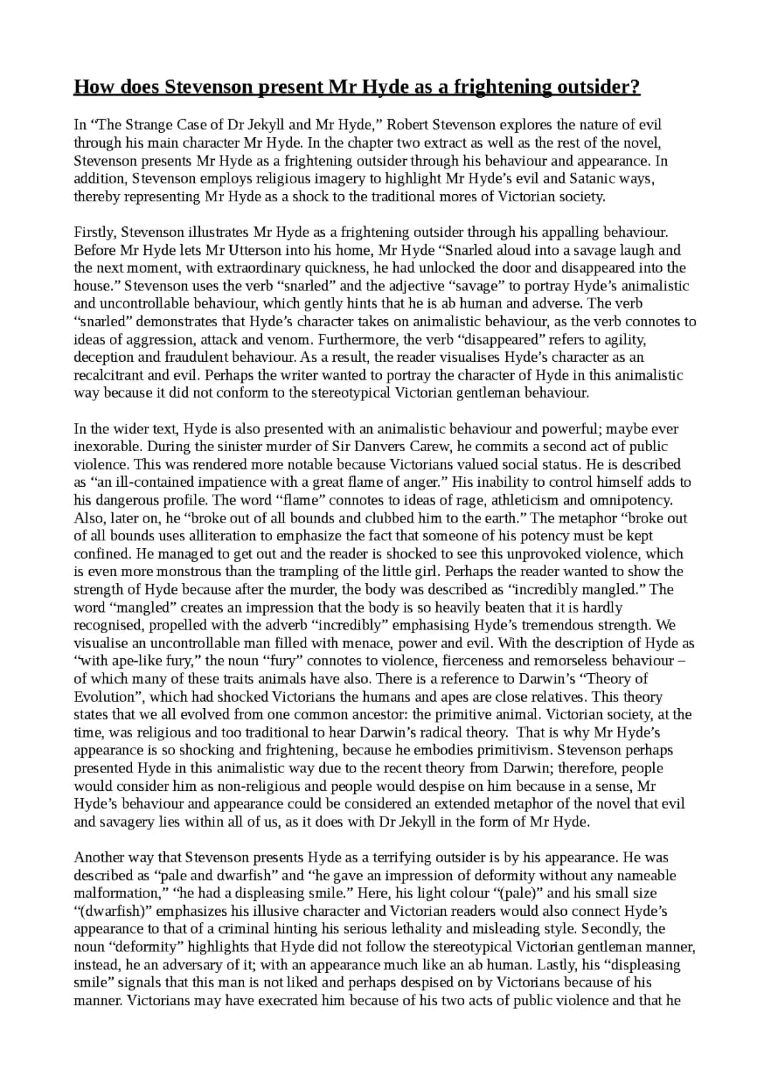 How does Stevenson present Mr Hyde as a Frightening outsider Model Essay