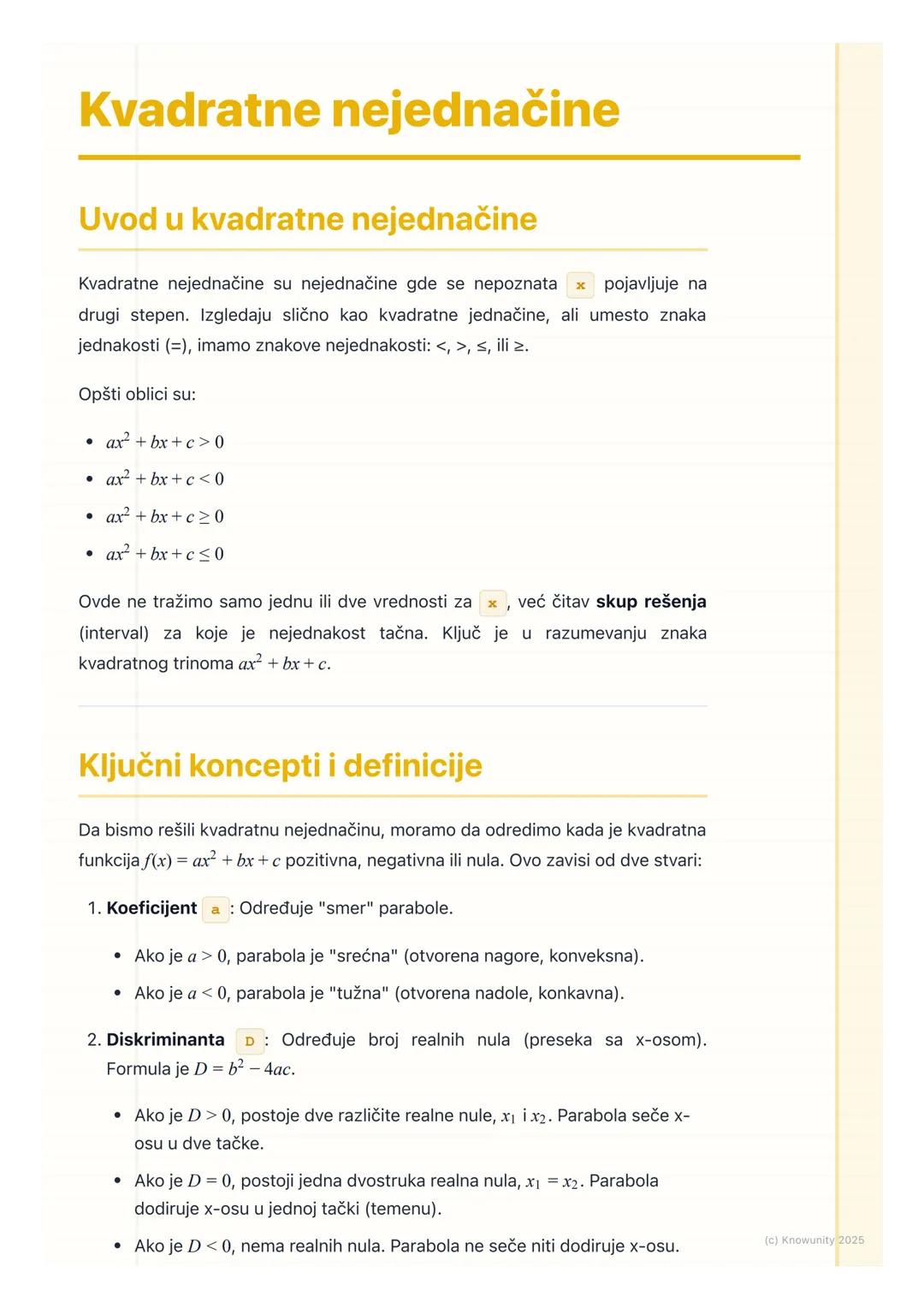 # Kvadratne nejednačine

# Uvod u kvadratne nejednačine

Kvadratne nejednačine su nejednačine gde se nepoznata $x$ pojavljuje na
drugi stepe