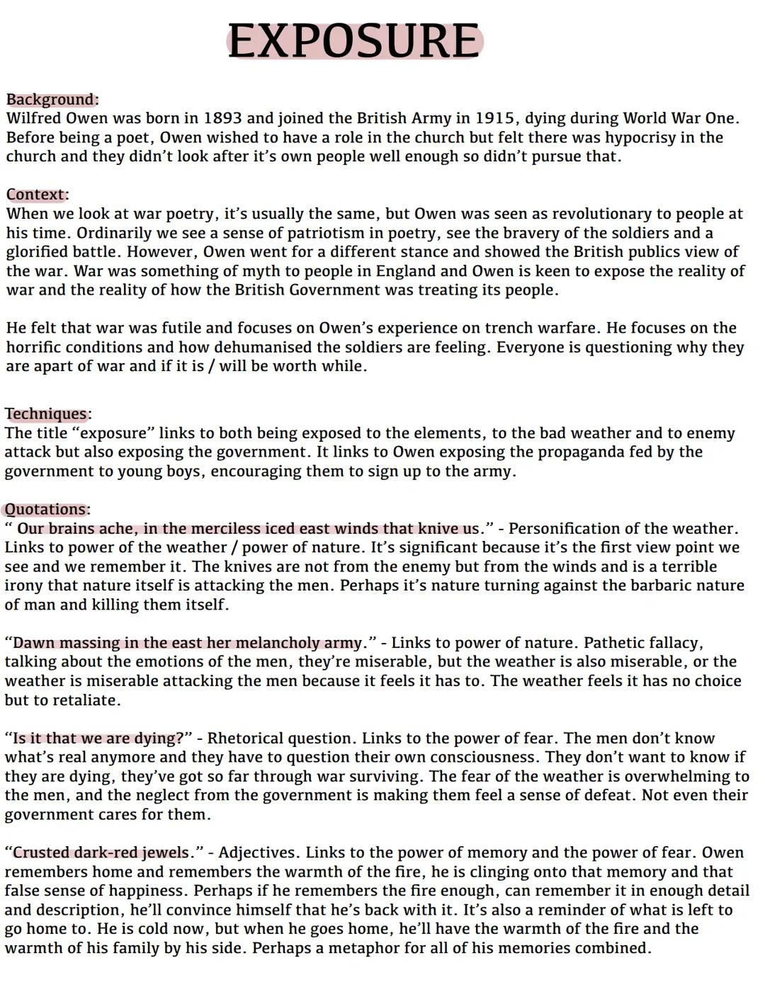 EXPOSURE
Background:
Wilfred Owen was born in 1893 and joined the British Army in 1915, dying during World War One.
Before being a poet, Owe