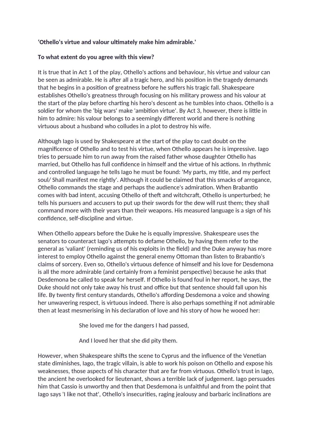 AS/A-Level: Othello Grade 9 Essay