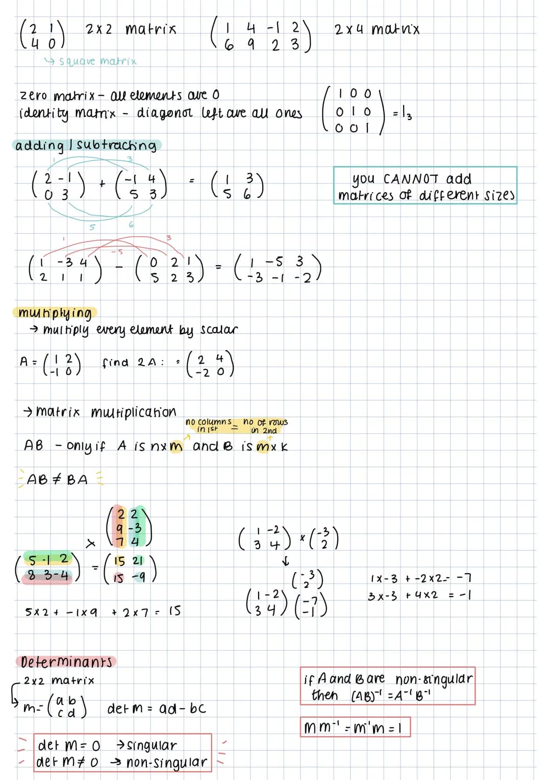 (²6)
2x2 matrix.
square matrix
adding / subtracting.
( ² - ¹ ) + (-4)
03
3
zero matrix - all elements are o
identity matrix diagonot left ar