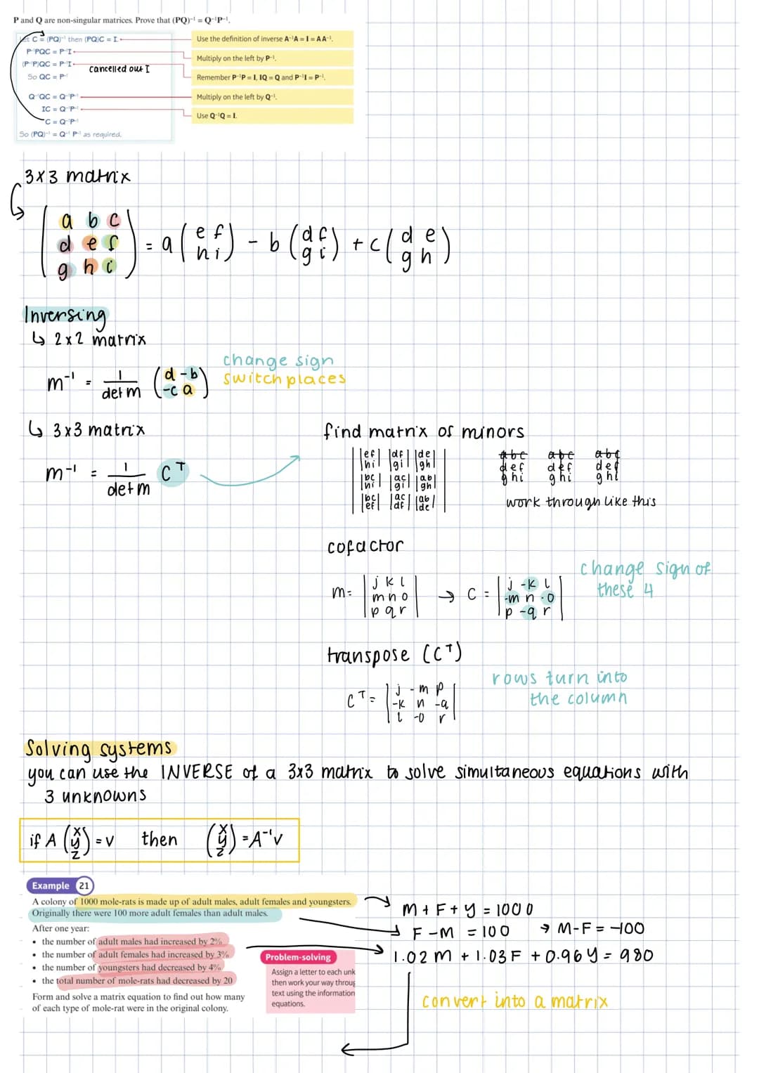 (²6)
2x2 matrix.
square matrix
adding / subtracting.
( ² - ¹ ) + (-4)
03
3
zero matrix - all elements are o
identity matrix diagonot left ar