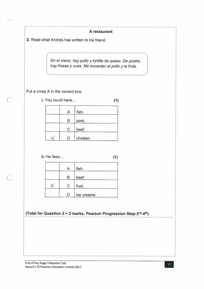 Surname
Key Stage 3
Baseline Test: End of KS3
Spanish
Paper 3: Reading
Time: 35 minutes
You must have:
n/a
Instructions
●
●
●
●
Other names
