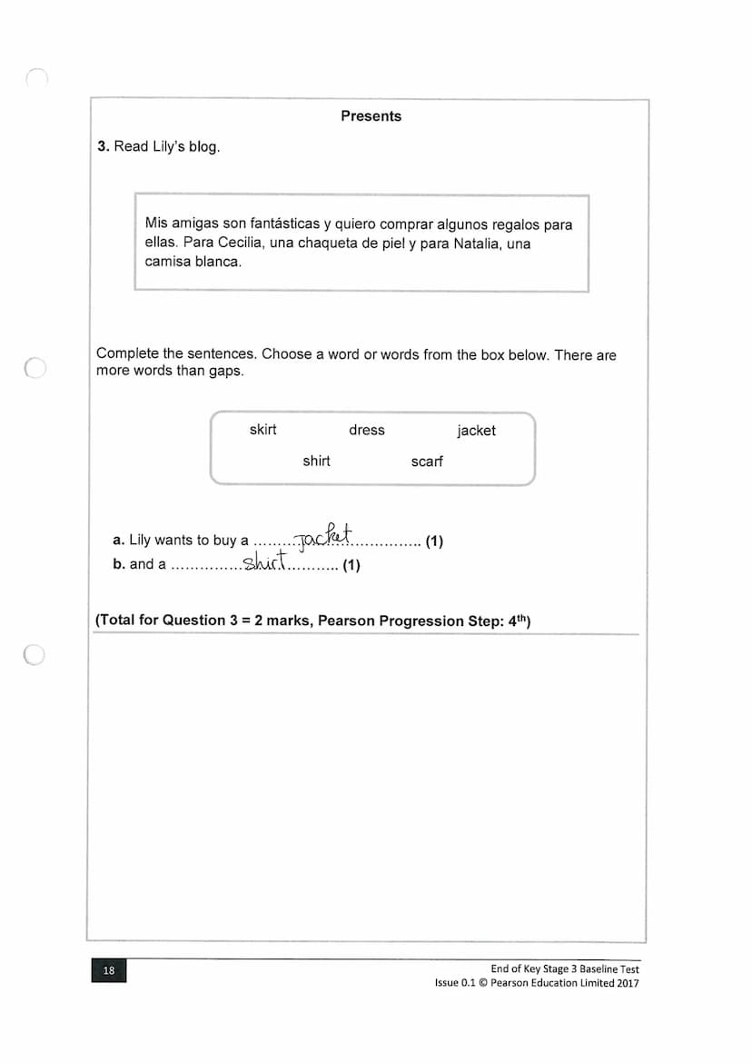 Surname
Key Stage 3
Baseline Test: End of KS3
Spanish
Paper 3: Reading
Time: 35 minutes
You must have:
n/a
Instructions
●
●
●
●
Other names
