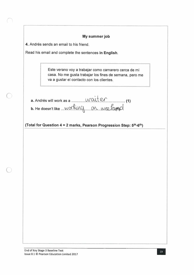 Surname
Key Stage 3
Baseline Test: End of KS3
Spanish
Paper 3: Reading
Time: 35 minutes
You must have:
n/a
Instructions
●
●
●
●
Other names
