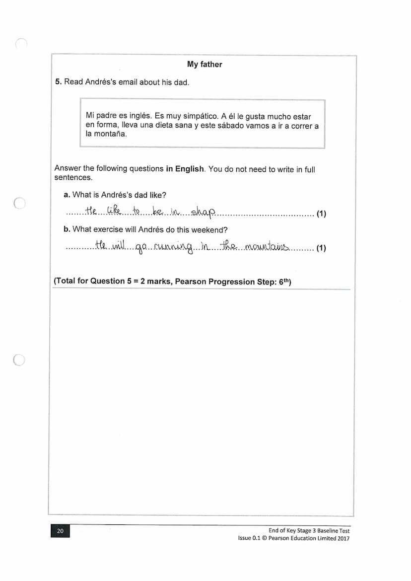 Surname
Key Stage 3
Baseline Test: End of KS3
Spanish
Paper 3: Reading
Time: 35 minutes
You must have:
n/a
Instructions
●
●
●
●
Other names
