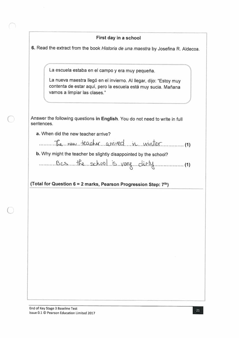 Surname
Key Stage 3
Baseline Test: End of KS3
Spanish
Paper 3: Reading
Time: 35 minutes
You must have:
n/a
Instructions
●
●
●
●
Other names
