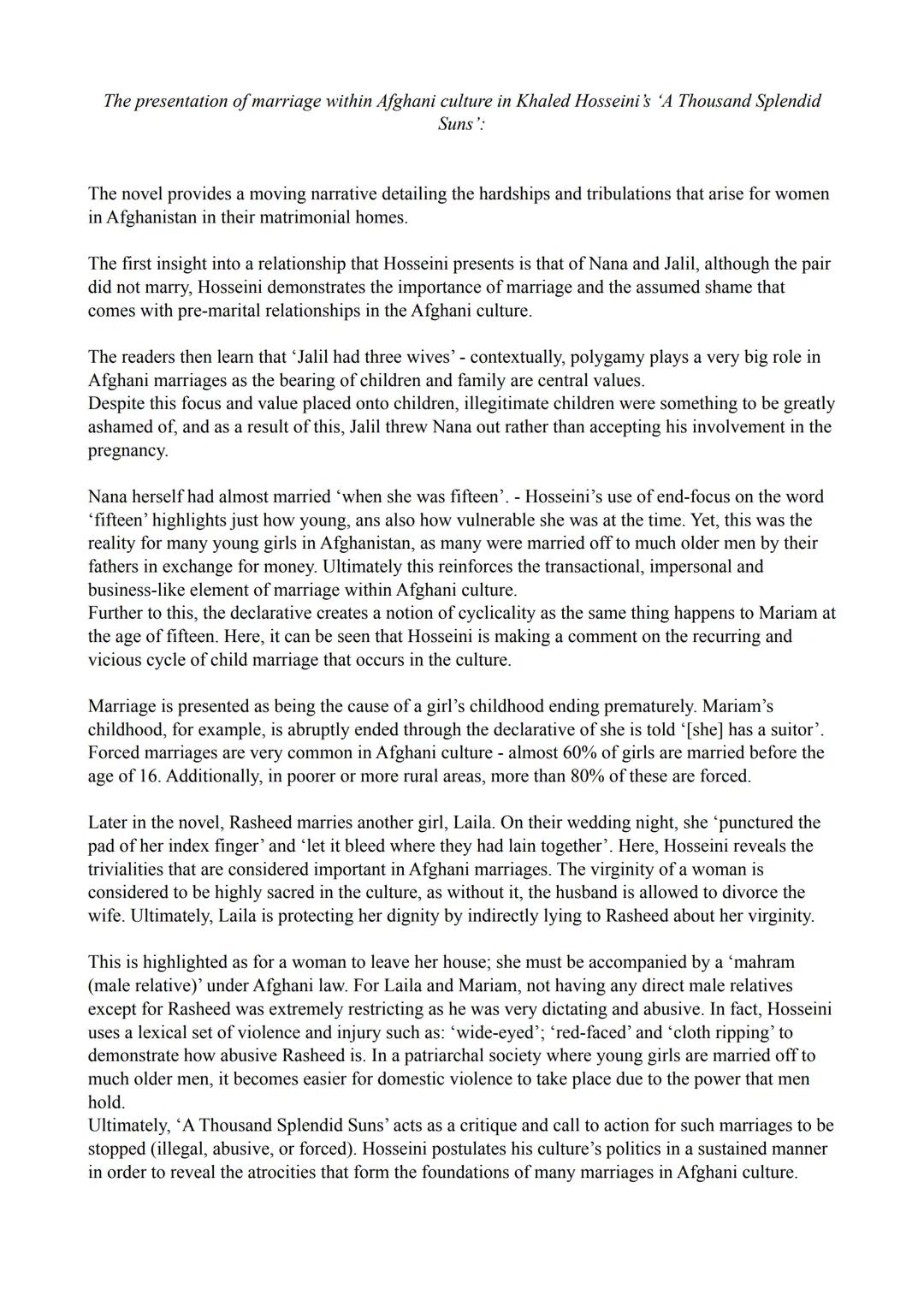The presentation of marriage within Afghani culture in Khaled Hosseini's 'A Thousand Splendid
Suns':
The novel provides a moving narrative d