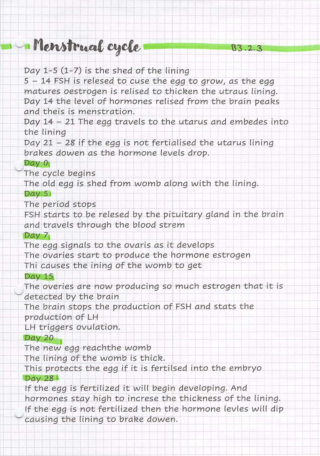 Menstrual cycle
Day 1-5 (1-7) is the shed of the lining
5- 14 FSH is relesed to cuse the egg to grow, as the egg
matures oestrogen is relise