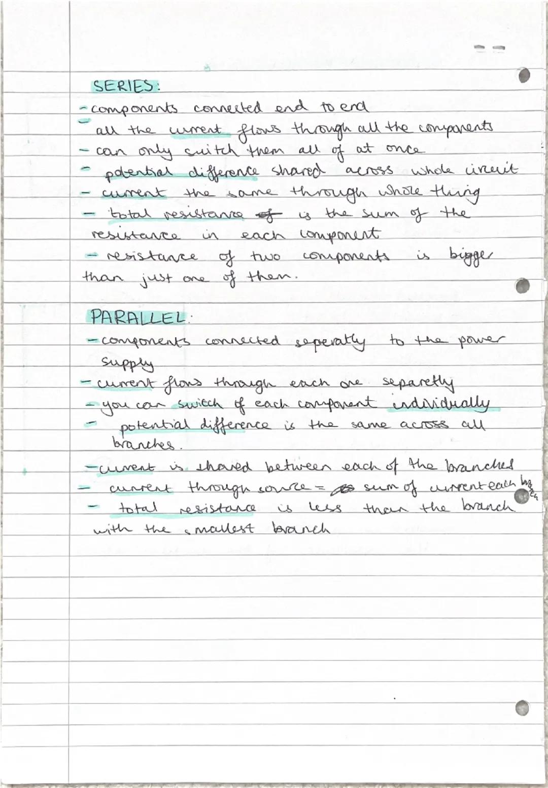 SERIES:
- components connected end to end
- all the wrent flows through all the components
- can only suitch them all of at once
- potential