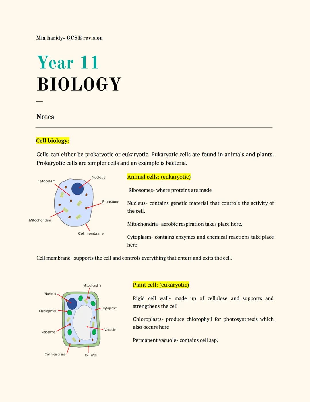 Mia haridy- GCSE revision
Year 11
BIOLOGY
Notes
Cell biology:
Cells can either be prokaryotic or eukaryotic. Eukaryotic cells are found in a