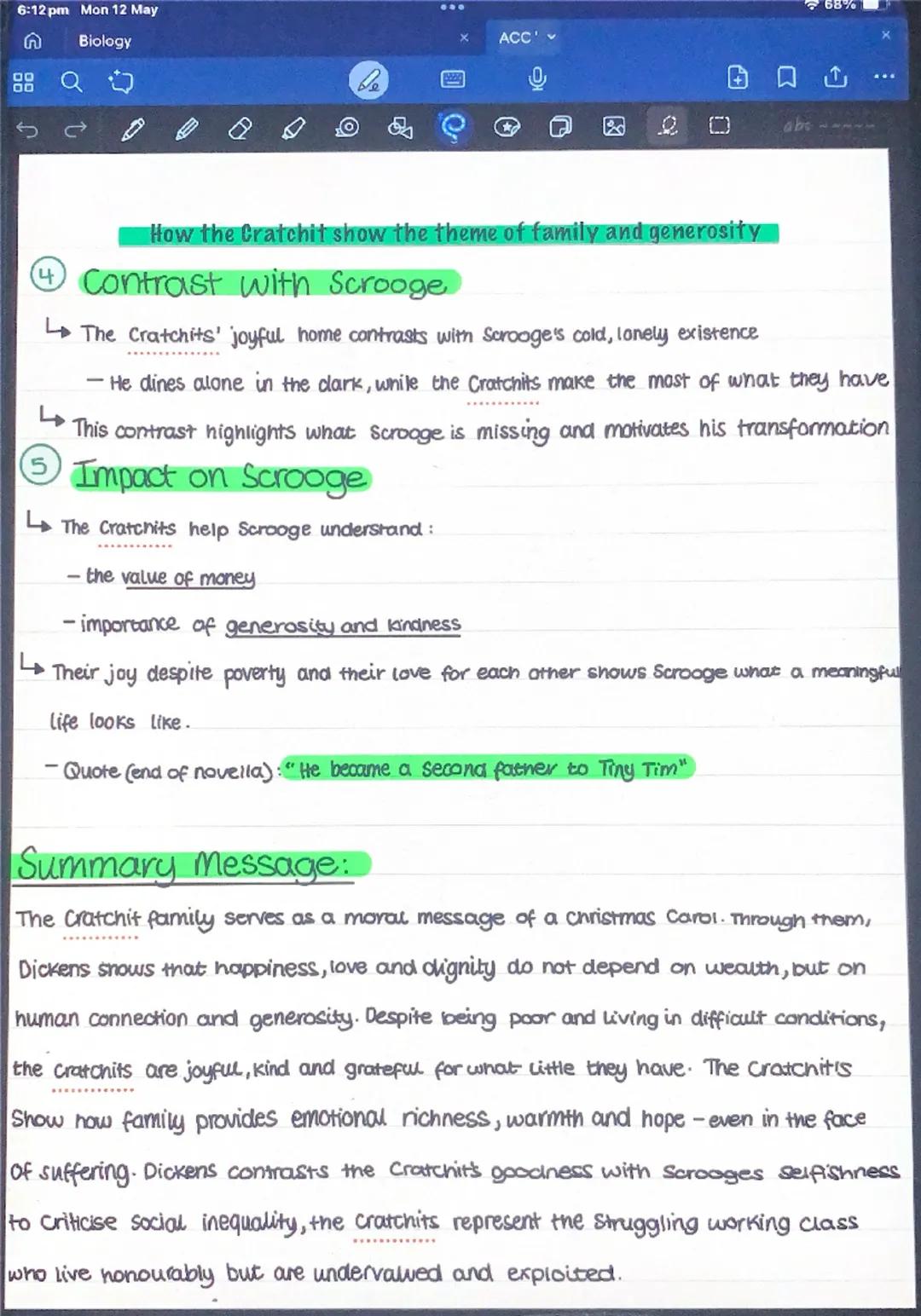 6:12 pm Mon 12 May
Biology
ACC
abc
69%
How is family presented in ACC?
Family is a central theme in A Christmas Carol, used by Dickens
to hi