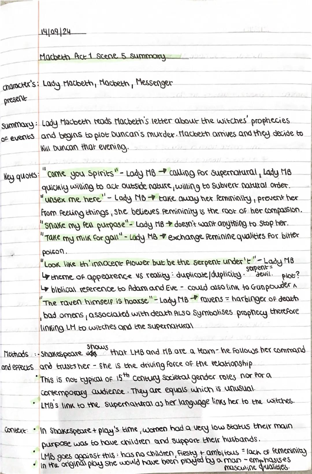 14/09/24
Macbeth Act 1 Scene 5 summary
character's: Lady Macbeth, Macbeth, Messenger
present
Summary: Lady Macbeth reads Macbeth's letter ab