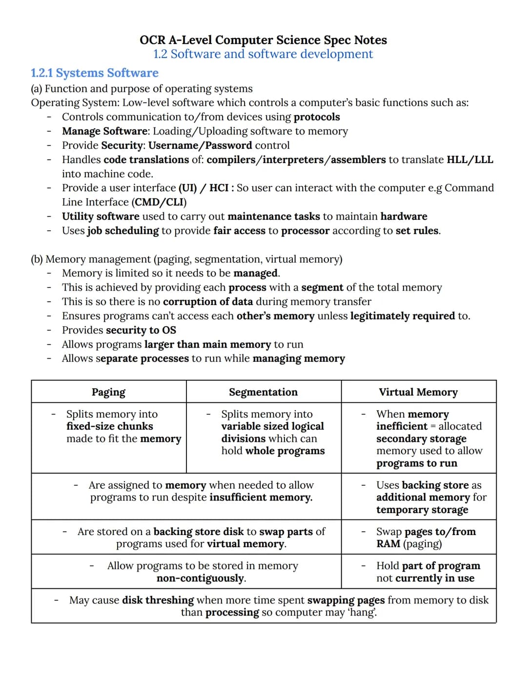 OCR A-Level Computer Science Spec Notes
1.2 Software and software development
1.2.1 Systems Software
(a) Function and purpose of operating s