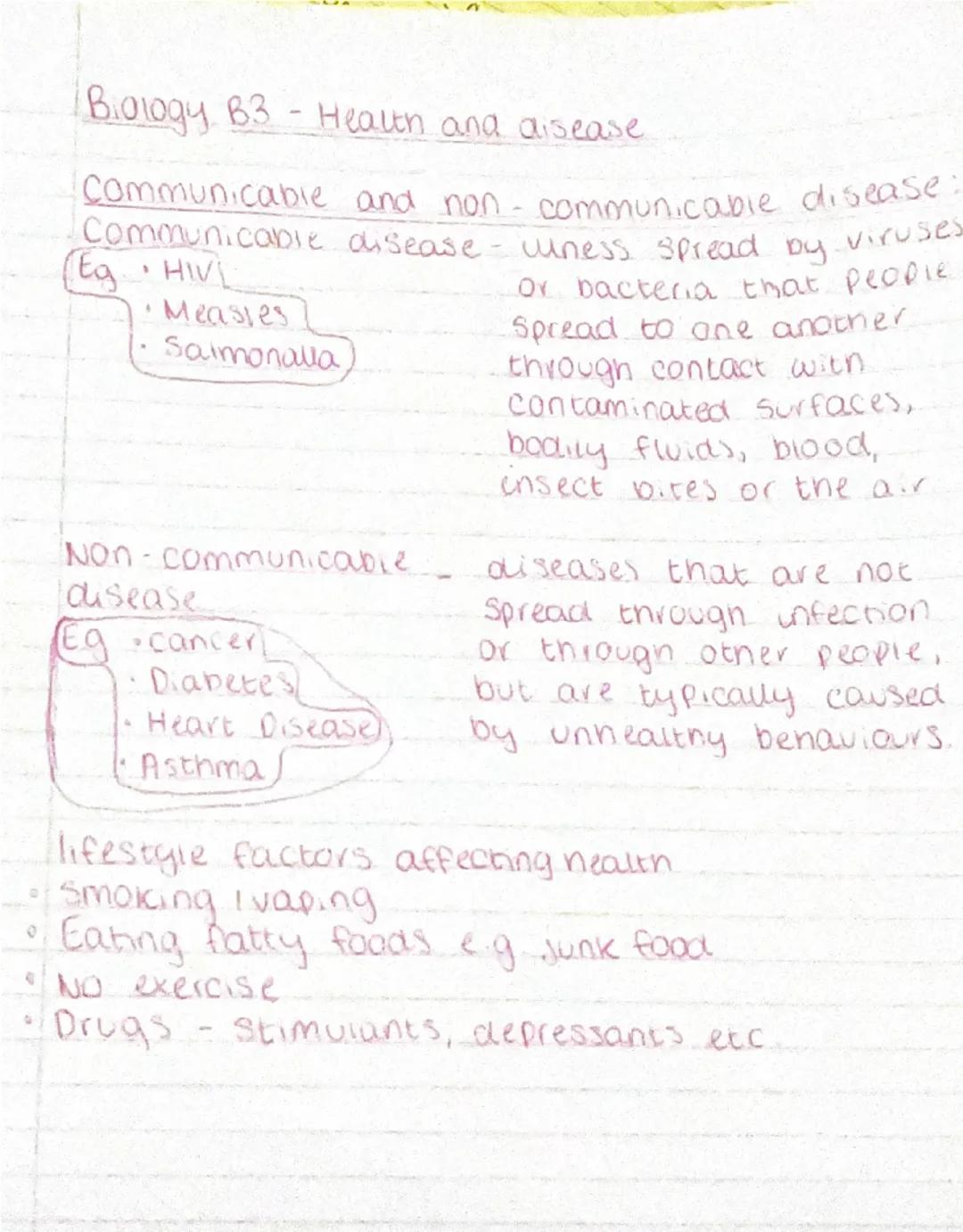 -
Biology B3 Health and disease
Communicable and non-communicable disease:
Communicable disease.
(Eg ·HIVE
Measles
Salmonalla
Non-communicab