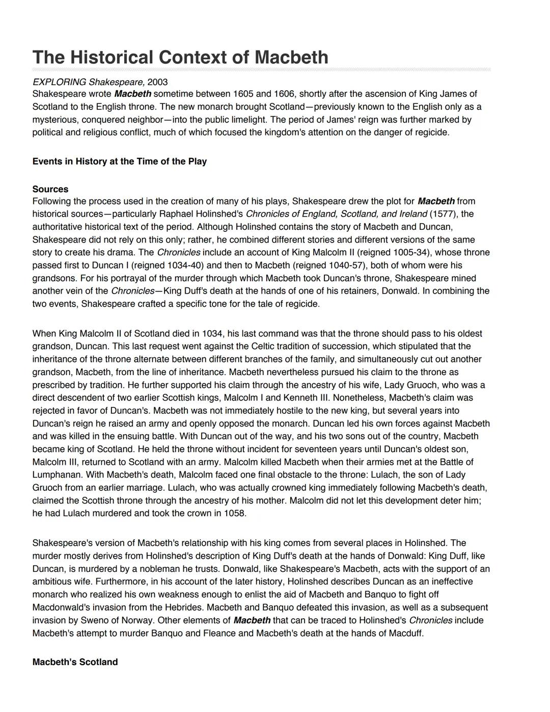 The Historical Context of Macbeth
EXPLORING Shakespeare, 2003
Shakespeare wrote Macbeth sometime between 1605 and 1606, shortly after the as