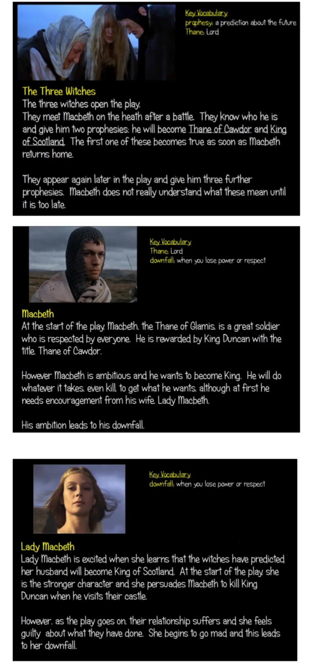 Key Vocabulary
prophesy: a prediction about the future
Thane: Lord

# The Three Witches
The three witches open the play.
They meet Macbeth o