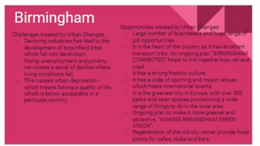 Geography Case studies
Paper 2 employment, integrated transport systems
- environmental urban greening
Key idea Specification content
Urban 