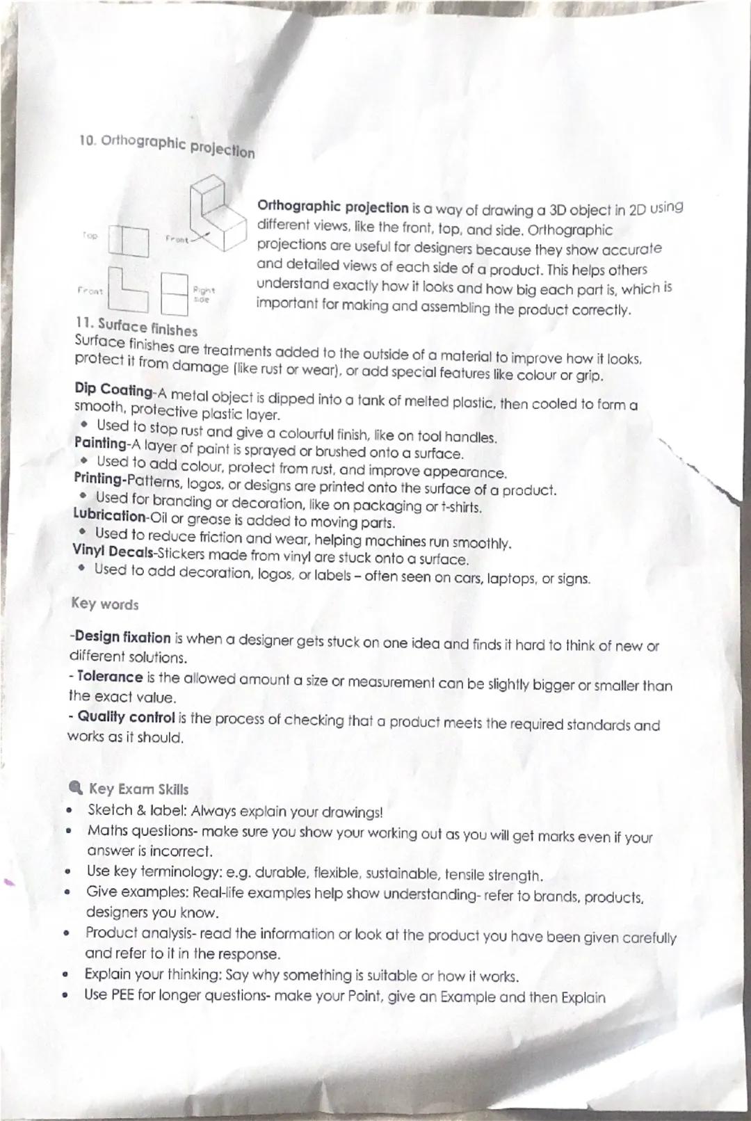 6
4
5
Year 10 Revision Sheet
1. Materials and their Properties
Timber (Wood):
-Comes in softwood (e.g. pine) and hardwood (e.g. oak). Used f