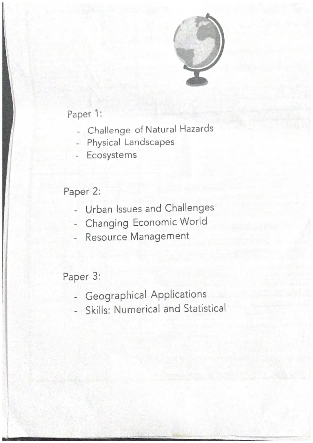 Paper 1:
Challenge of Natural Hazards
Physical Landscapes
Ecosystems
Paper 2:
Urban Issues and Challenges
Changing Economic World
Resource M