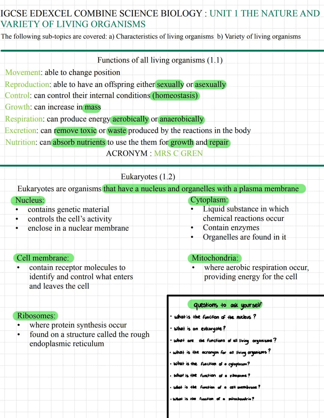 IGCSE EDEXCEL COMBINE SCIENCE BIOLOGY: UNIT 1 THE NATURE AND
VARIETY OF LIVING ORGANISMS
The following sub-topics are covered: a) Characteri