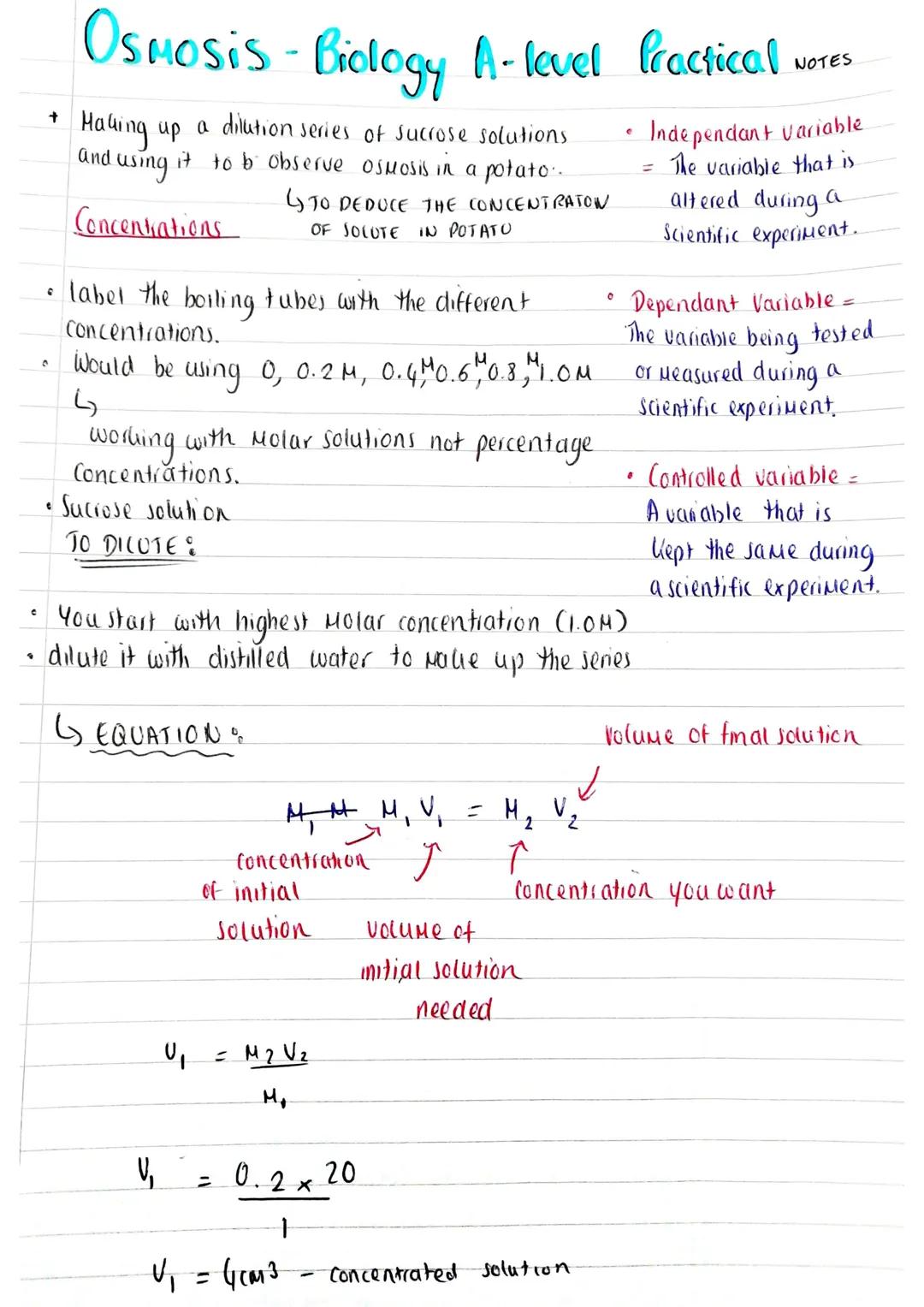 # Osmosis - Biology A-level Practical NOTES

+ Halking up a dilution series of sucrose solutions
and using it to b observe osmosis in a pota