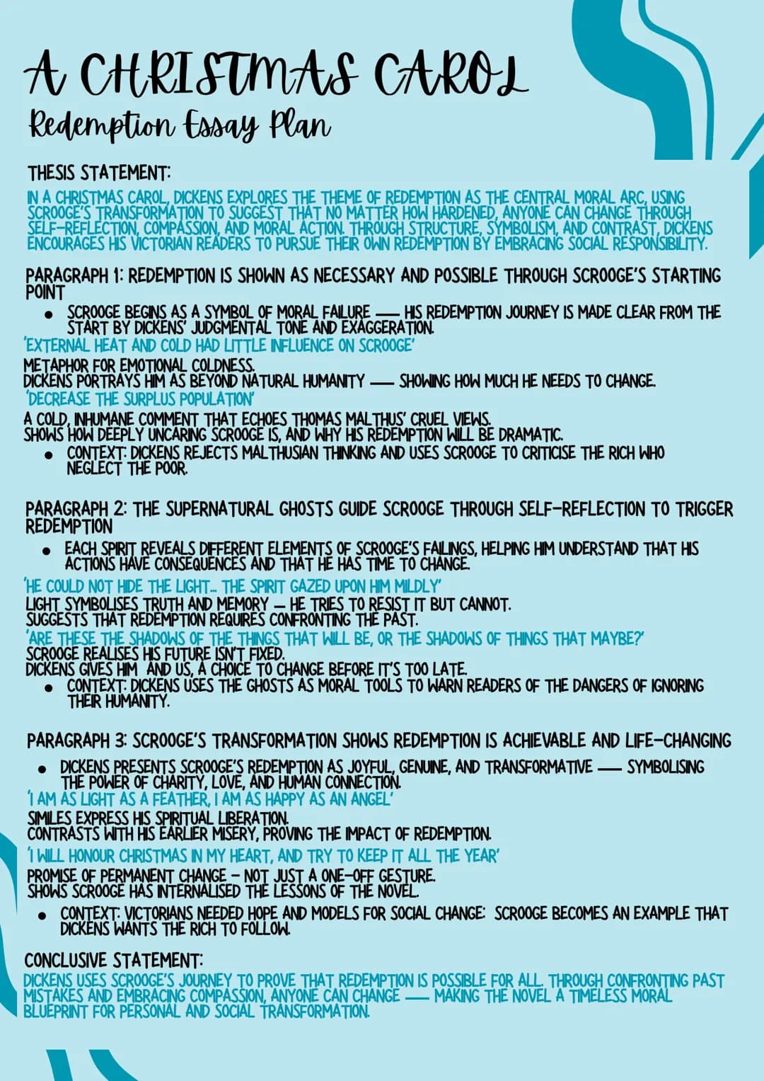 A Christmas Carol Redemption Essay Plan