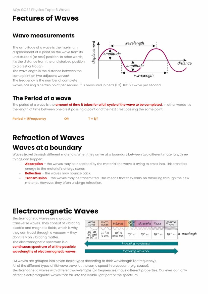 AQA GCSE Physics Topic 6 Waves
Wave Basics
A wave is an oscillation (vibration) that transfers energy without transferring any matter, by ma