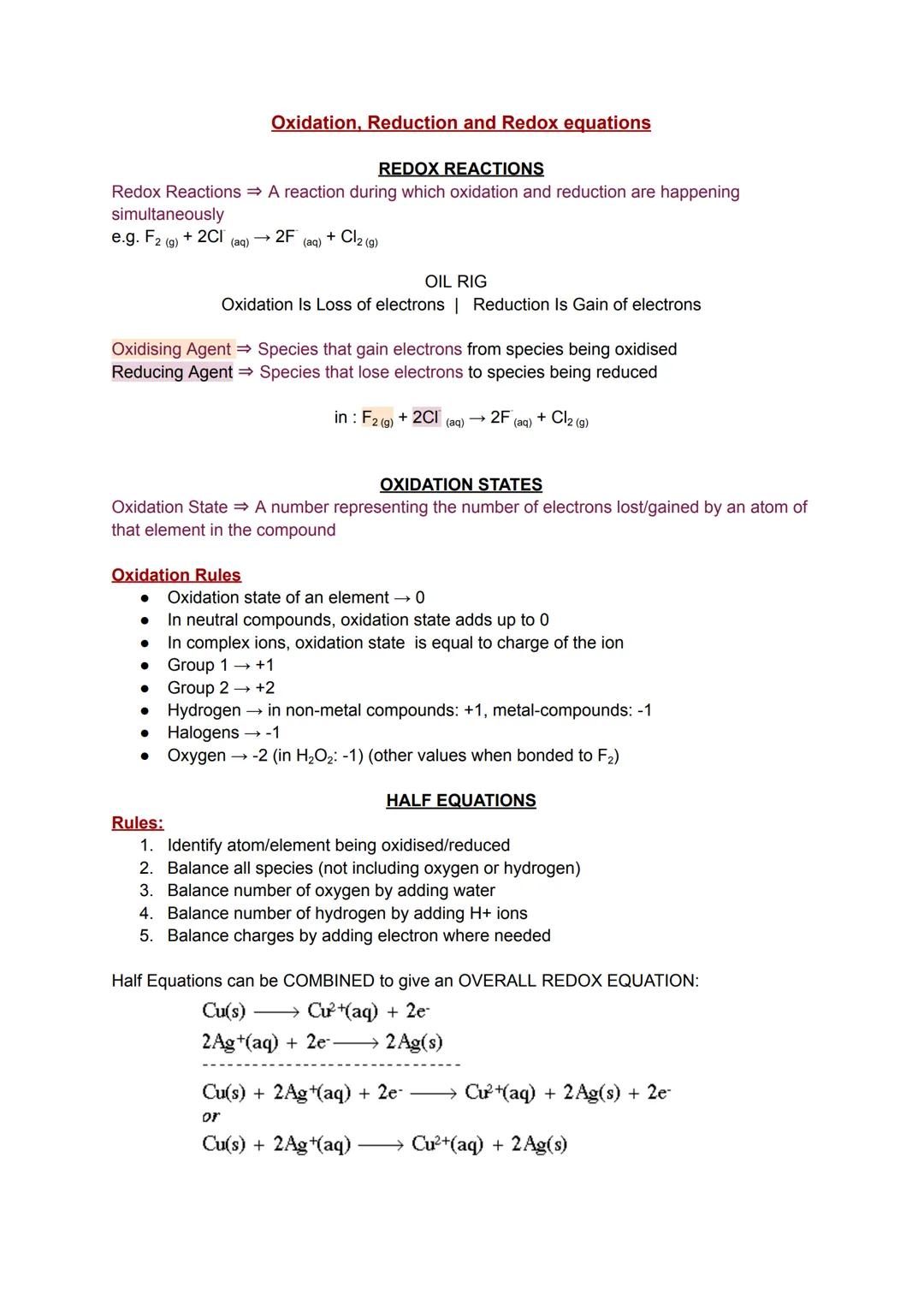 REDOX REACTIONS
Redox Reactions ⇒ A reaction during which oxidation and reduction are happening
simultaneously
e.g. F2 (g) + 2Cl
Oxidation, 