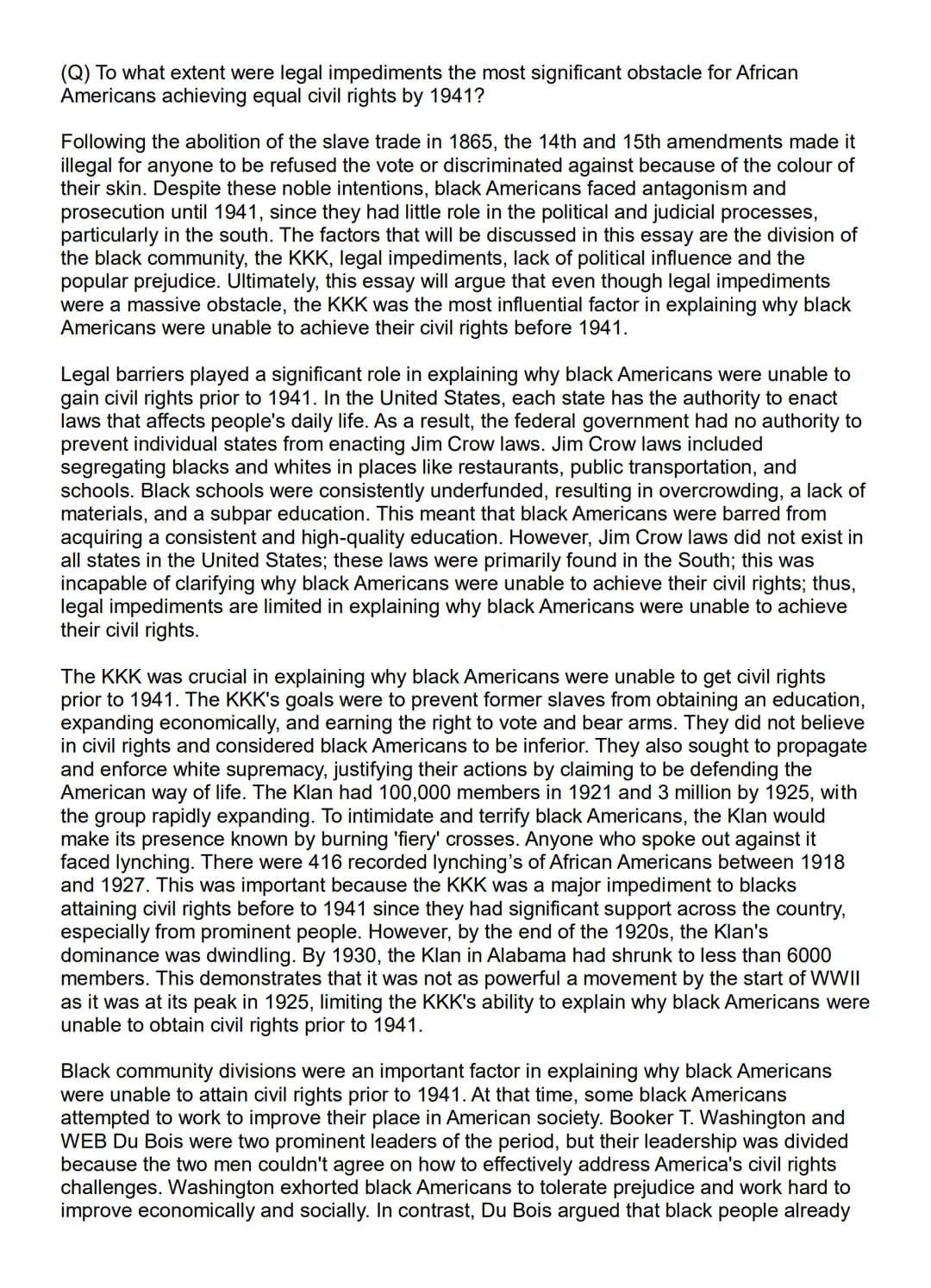 (Q) To what extent were legal impediments the most significant obstacle for African
Americans achieving equal civil rights by 1941?
Followin