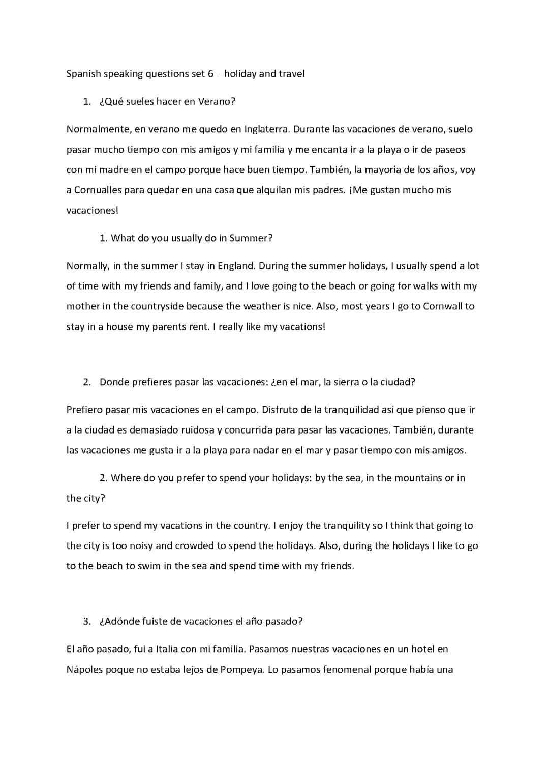 GCSE Spanish -Holidays- Speaking Conversation Questions and Answers