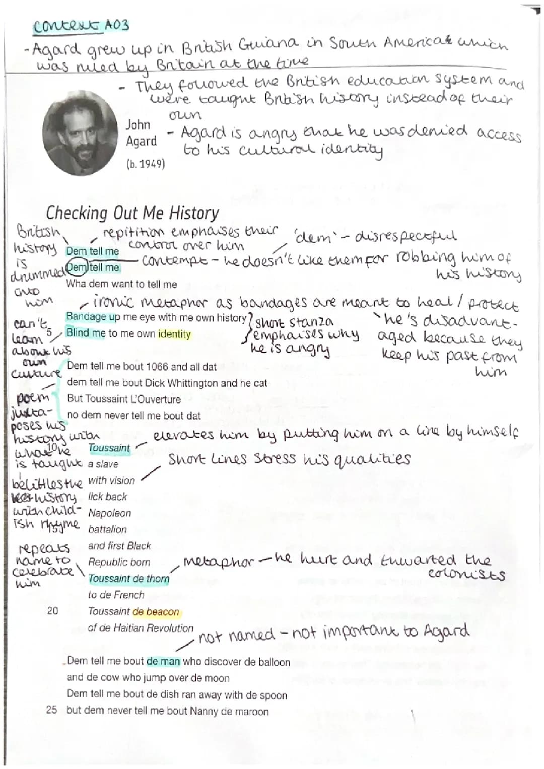 Checking Out Me History Annotated PDF - Poem Summary, Context, Quotes, and Themes