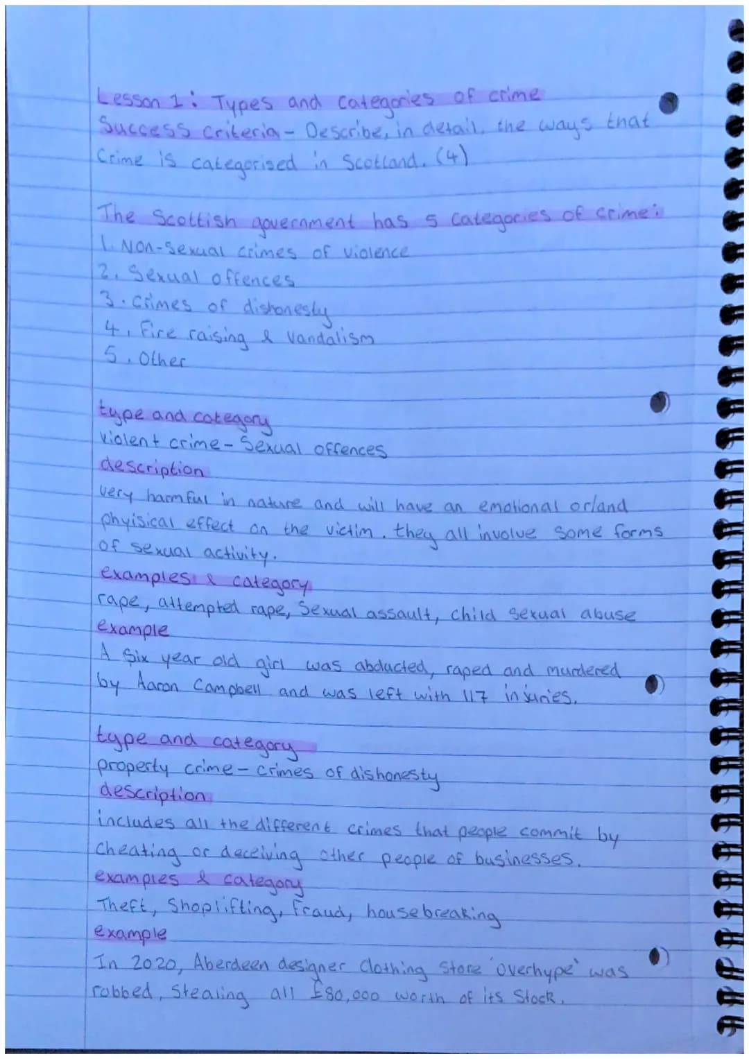 Lesson 1: Types and categories of crime.
Success criteria - Describe, in detail, the ways that.
Crime is categorised in Scotland. (4)
The Sc