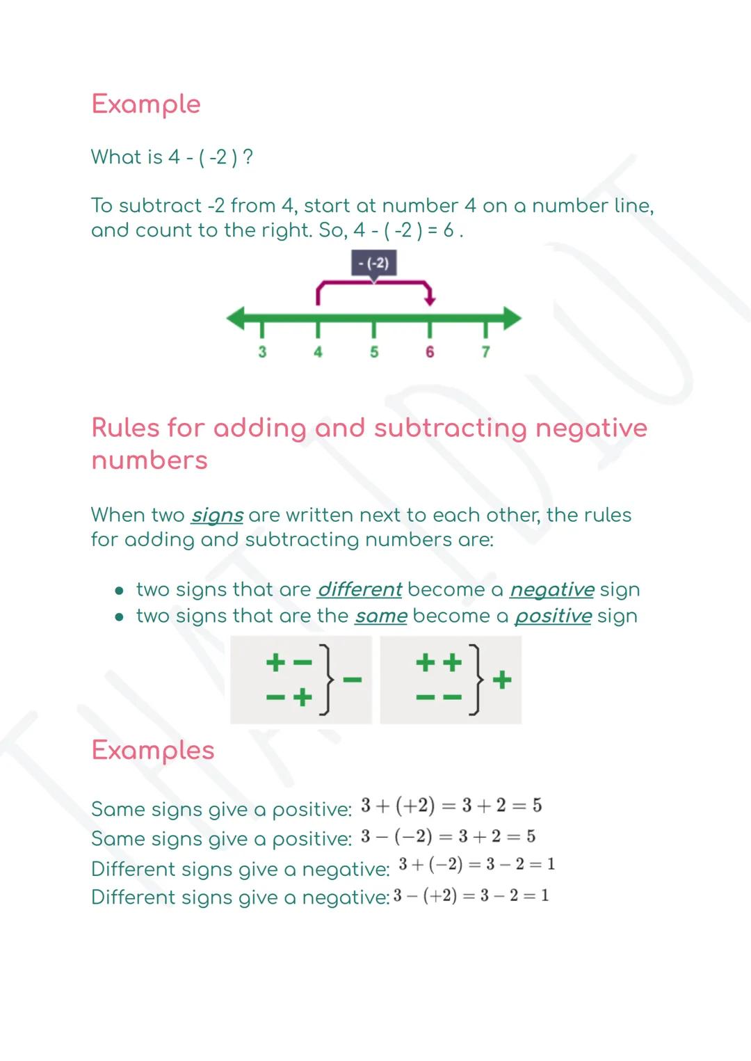 Adding and subtracting
negative numbers
A number line can be used to add and subtract negative
numbers.
Adding with negative numbers
Example